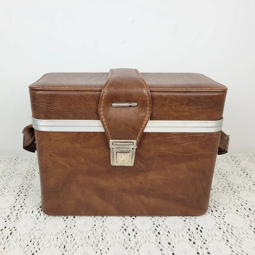 Vintage 1960s / 1970s Brown Faux Leather Camera Carrying Case Bag & Lens Case